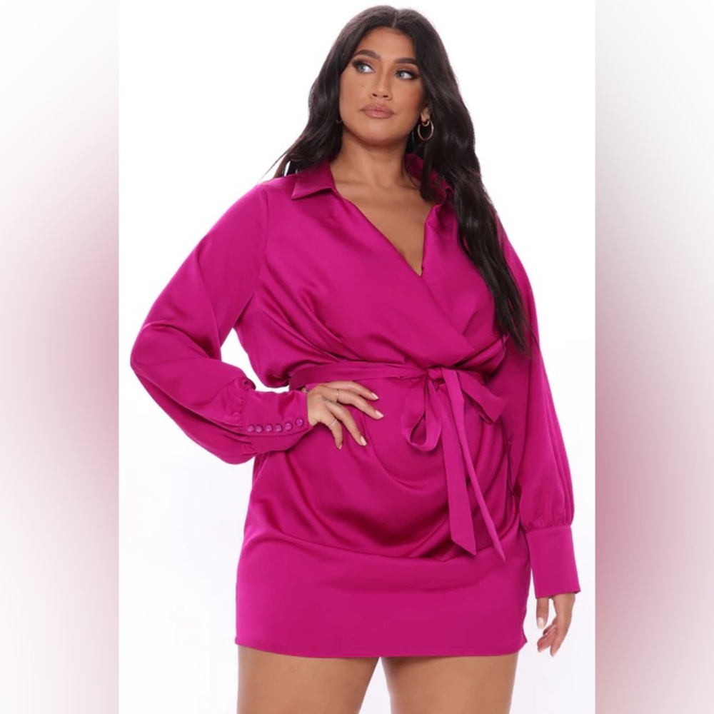 Plus Size Fuchsia Wrap Satin Mini Dress with Tie Waist